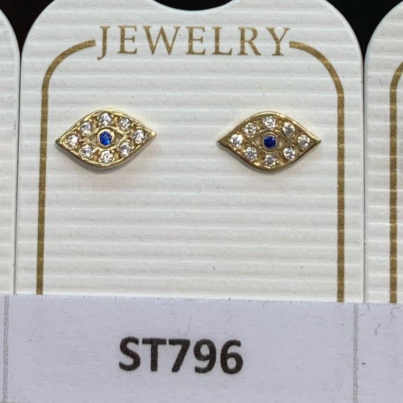 New 14k Solid Real Gold Evil Eye Stud Earrings - Picture 2 of 5